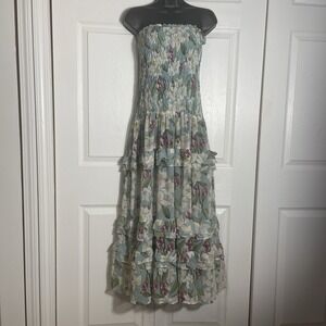 Smocked bodice sheer ruffle skirt dress with a floral print